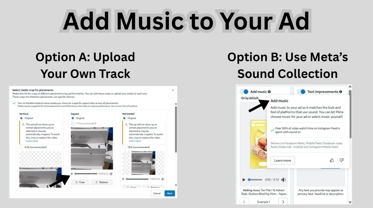 Guide to adding music in Meta ads.