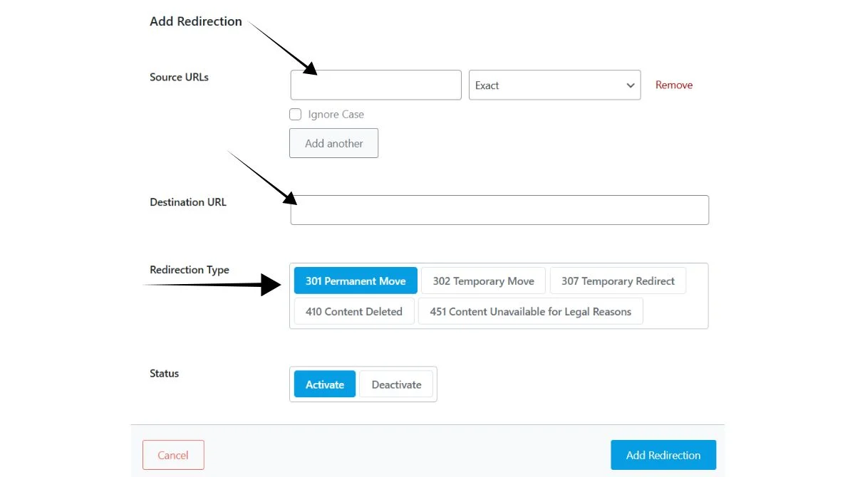 301 redirect setup interface
