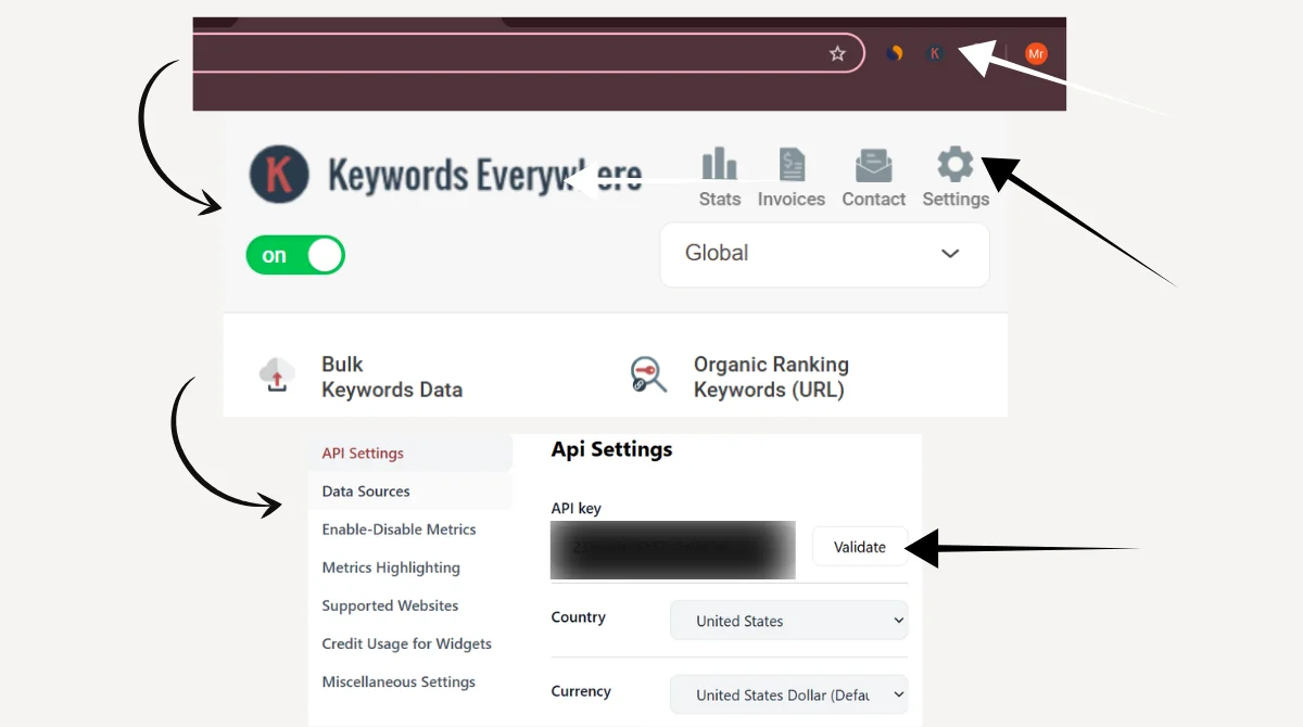 Activate Keywords Everywhere API key