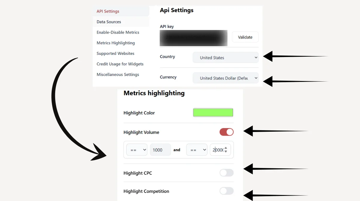 Keywords Everywhere API settings menu