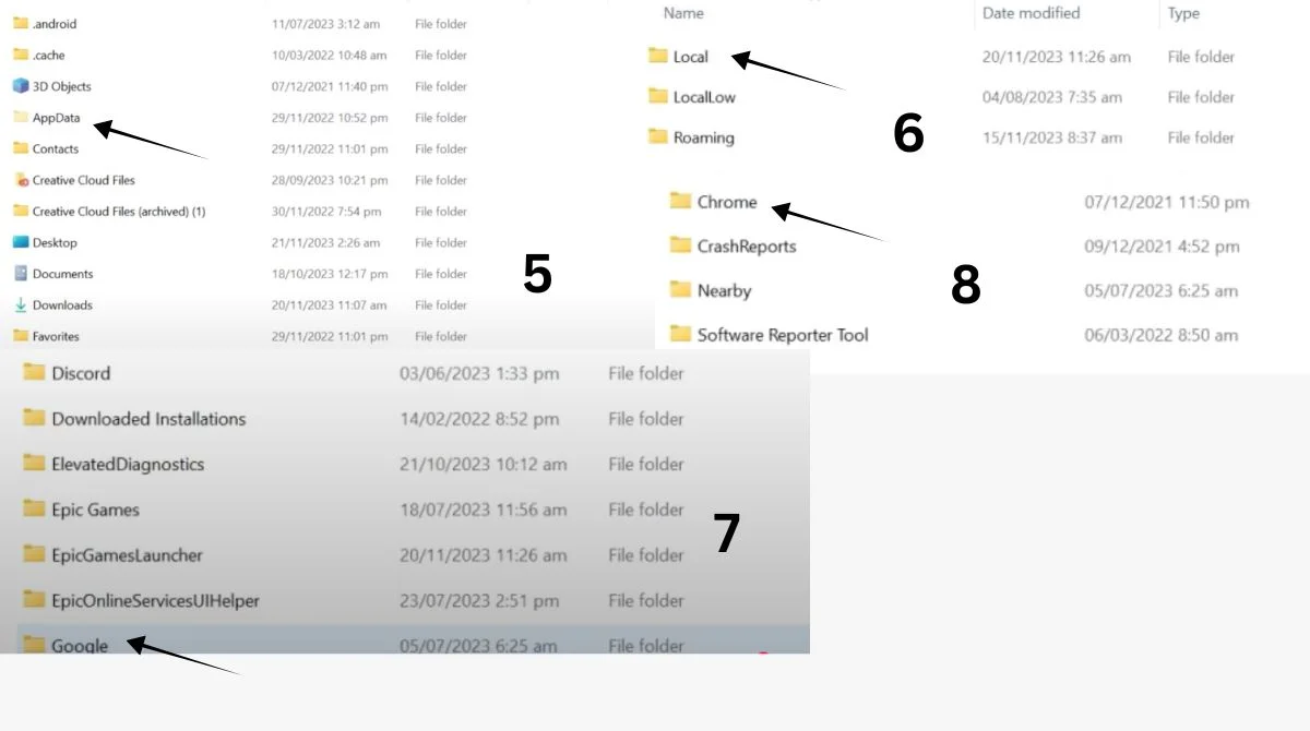 AppData folder shows Chrome and Google directories
