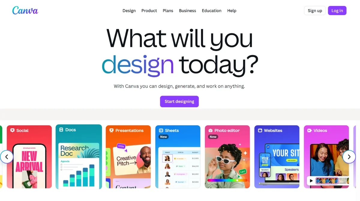 Canva homepage with design options