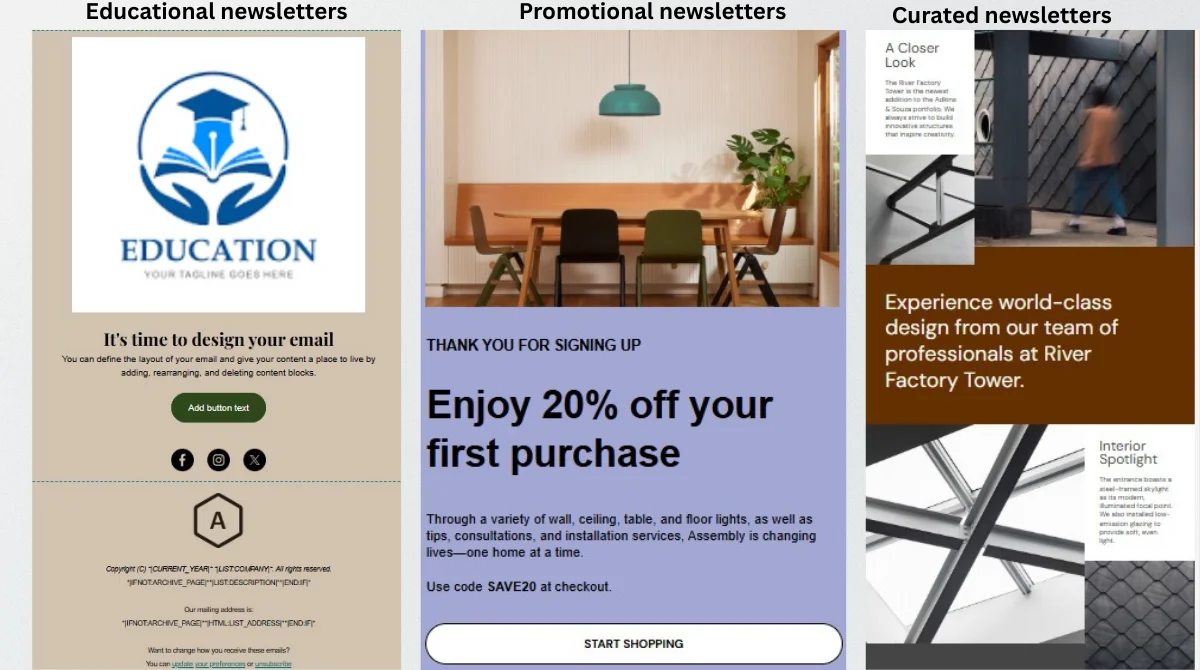 Examples of educational, promo, curated emails