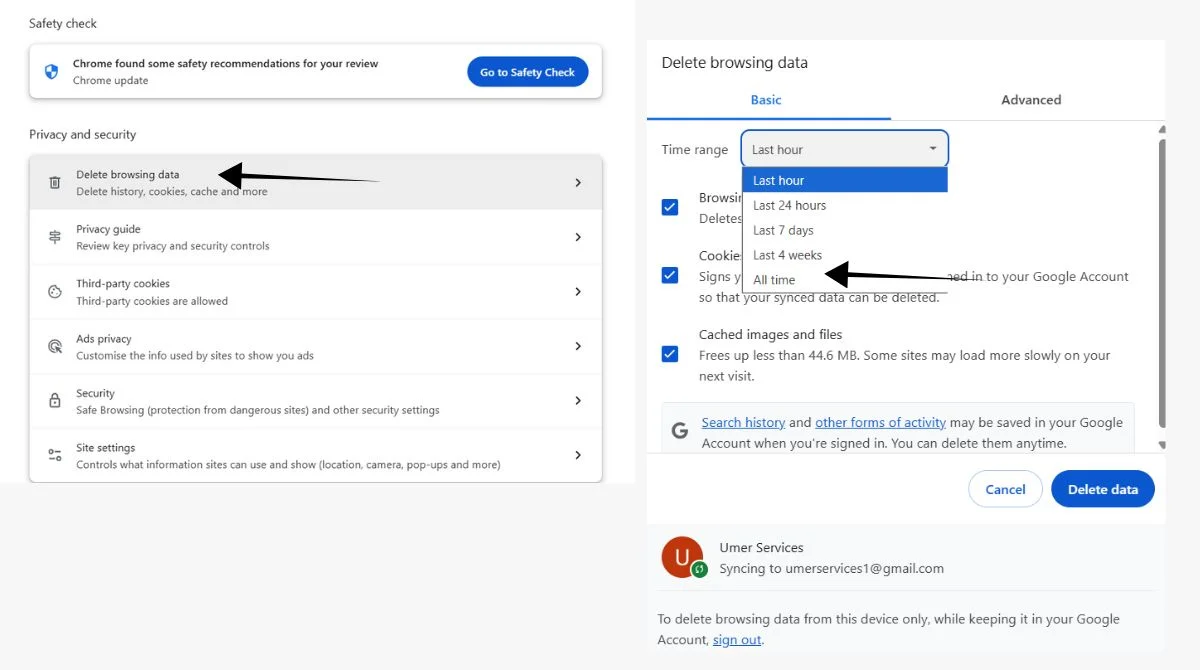 Chrome Delete browsing data