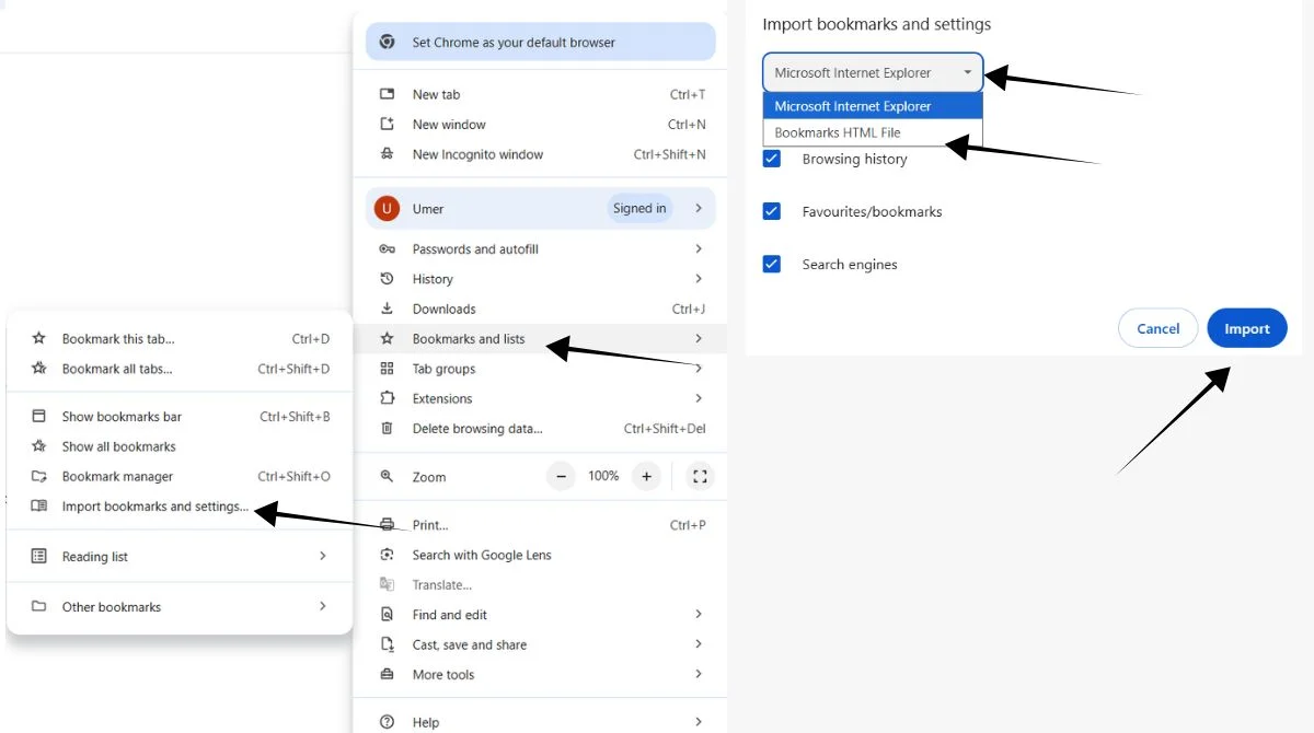 Chrome import bookmarks selection options