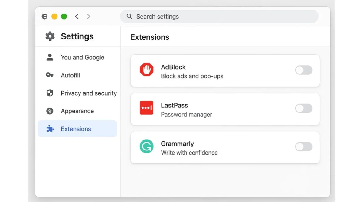 Disabling browser extensions in settings