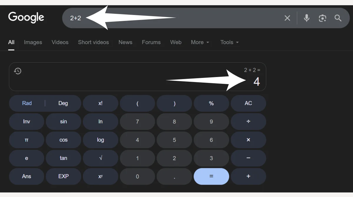 Google shows 2+2 equals 4 on calculator