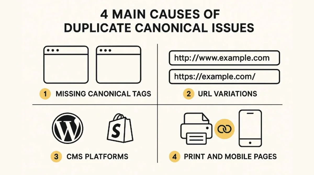 Four causes of duplicate canonical issues infographic