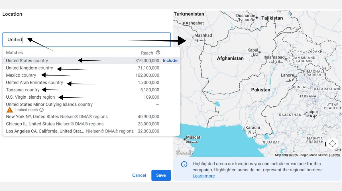 Google Ads location targeting map