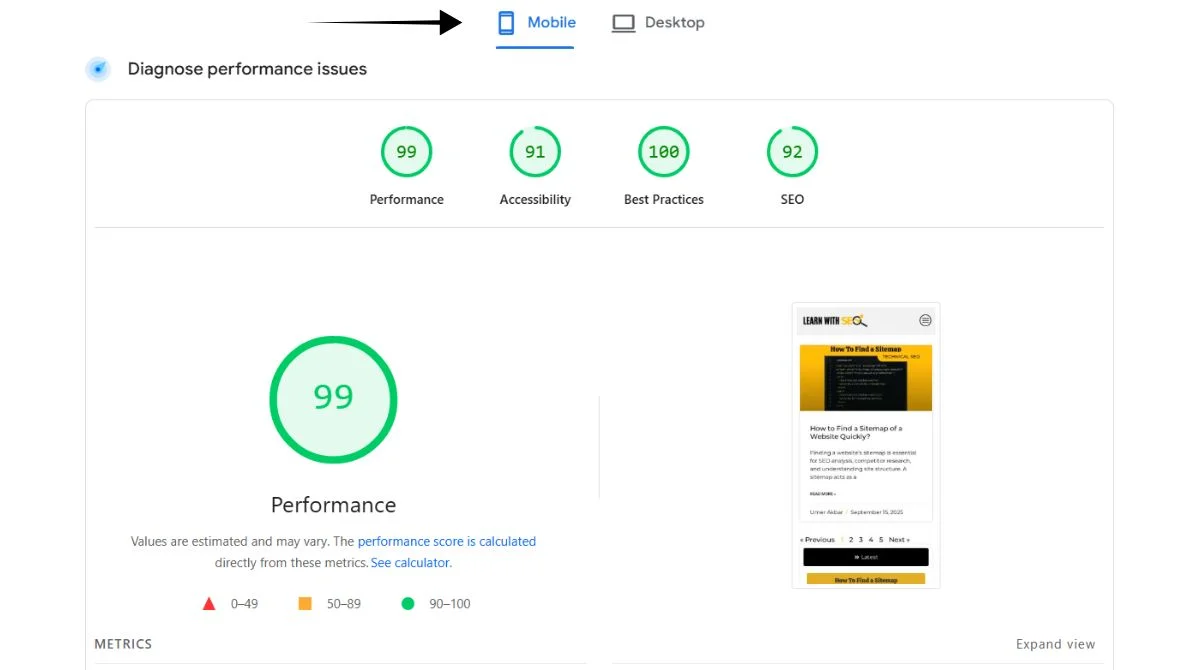 Google PageSpeed Insights mobile performance