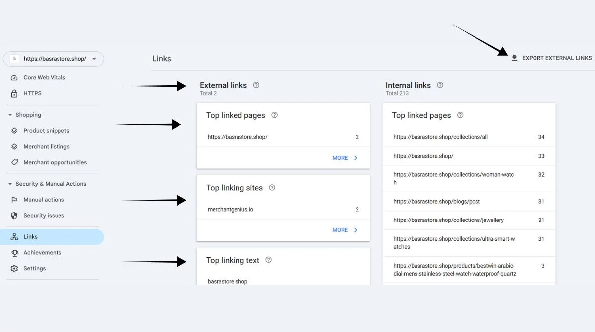 Google Search Console links section