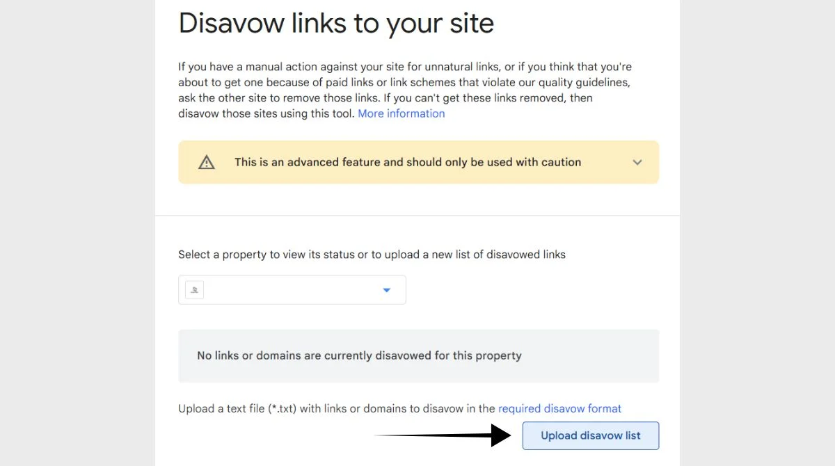 Google disavow tool upload page