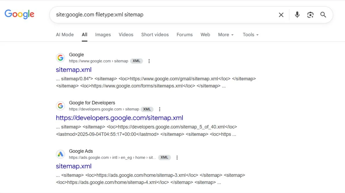 Google search filetype XML sitemap results