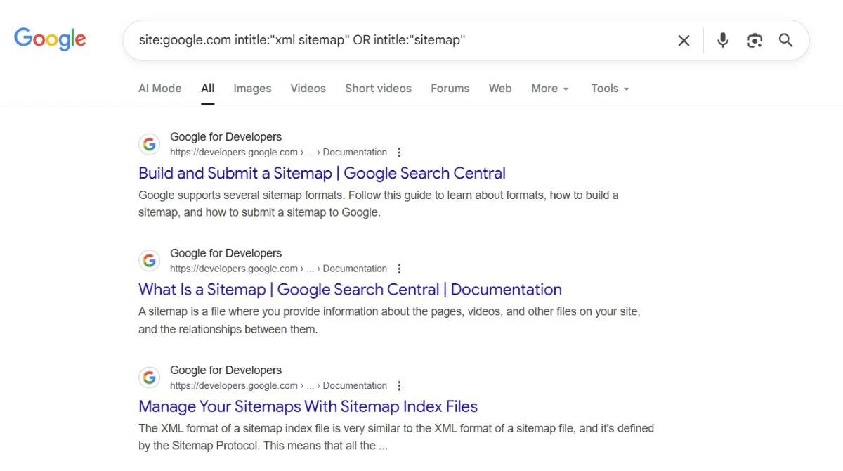 Google search intitle sitemap operator results