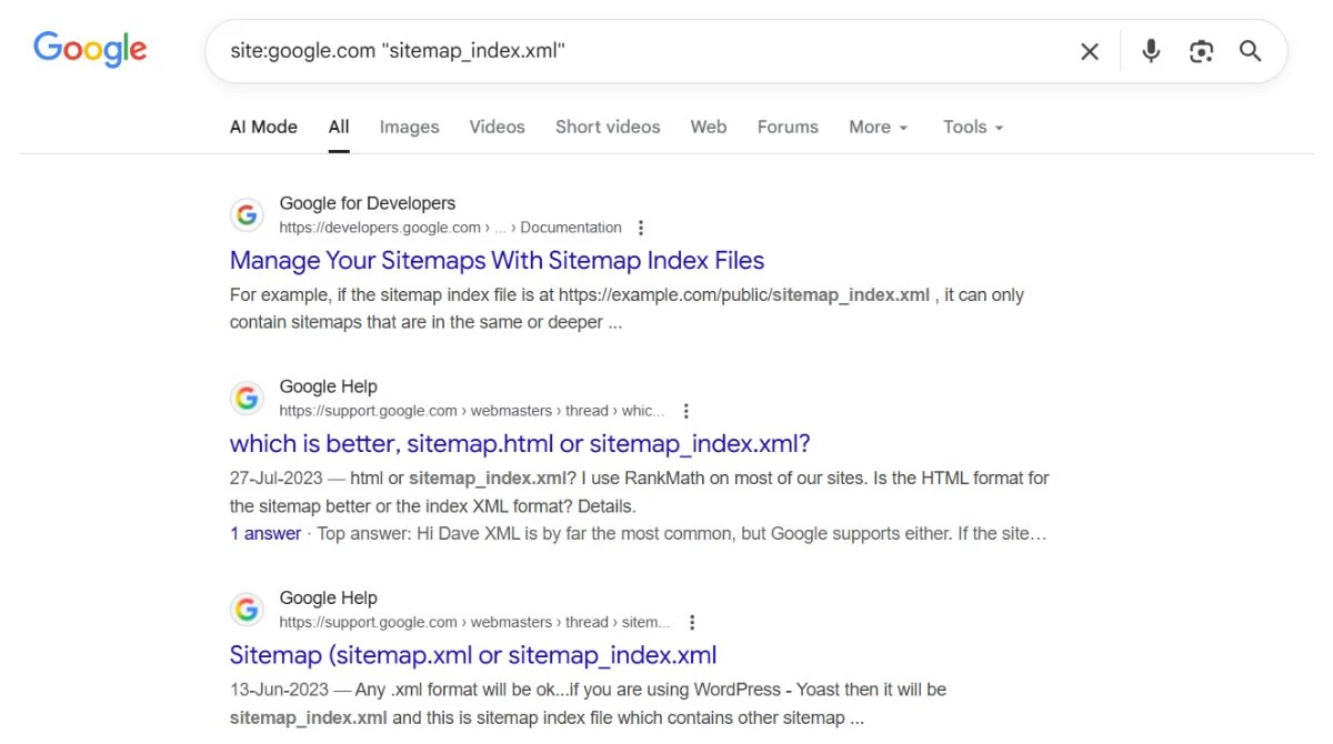 Google search sitemap index file results