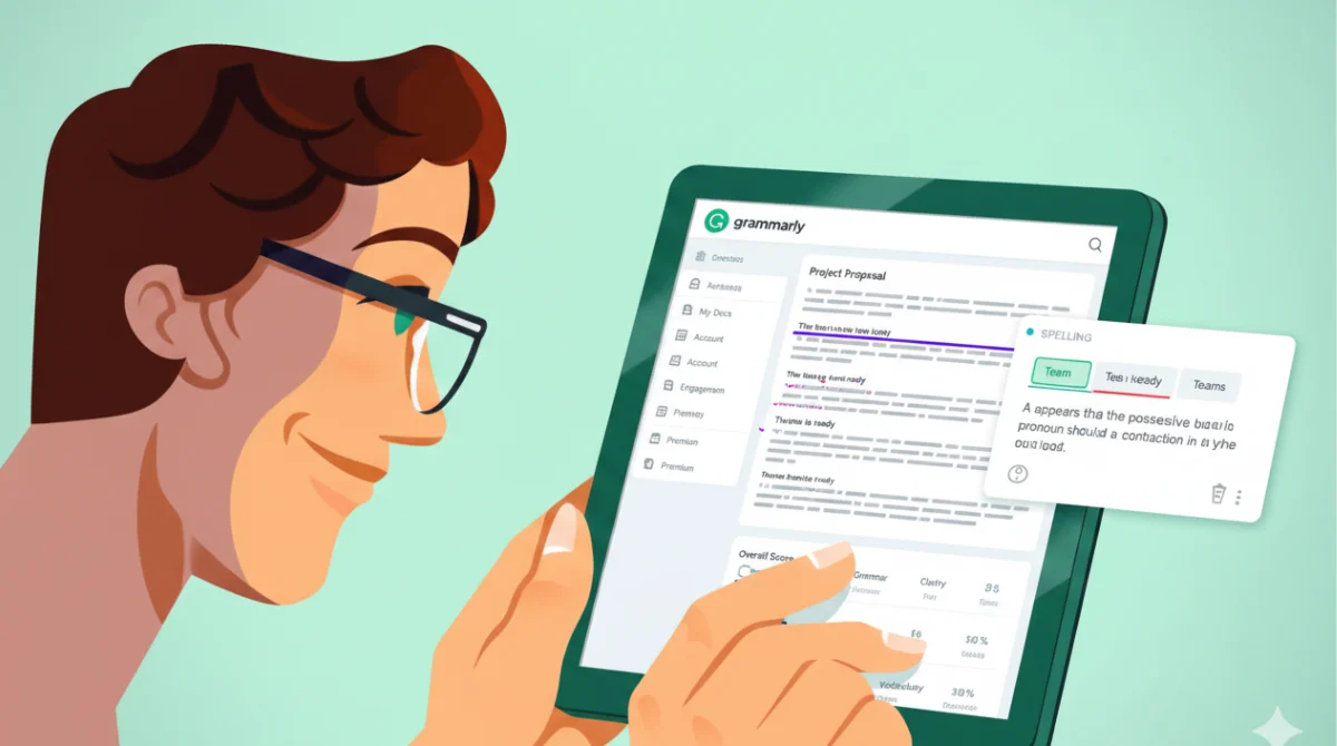 Grammarly interface with text suggestions panel