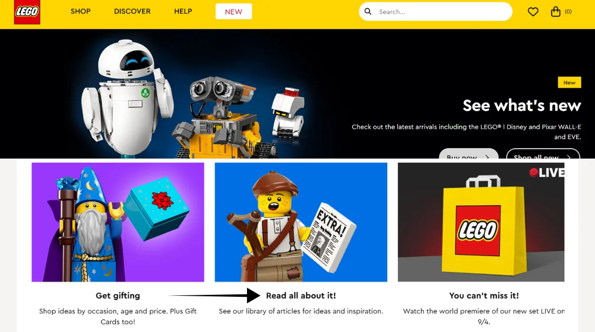 LEGO website featuring new arrivals and gifts