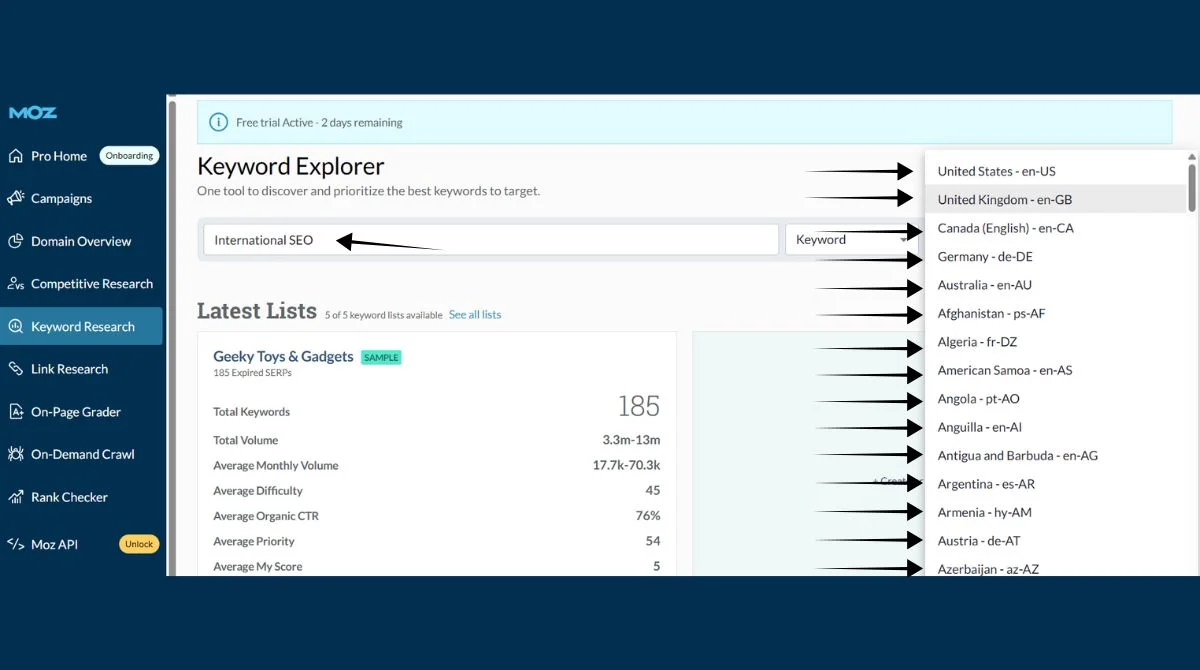 Moz International keyword explorer