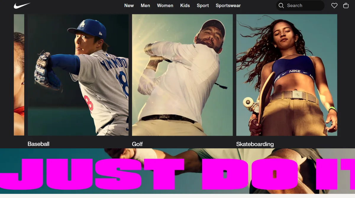 Nike website navigation menu options
