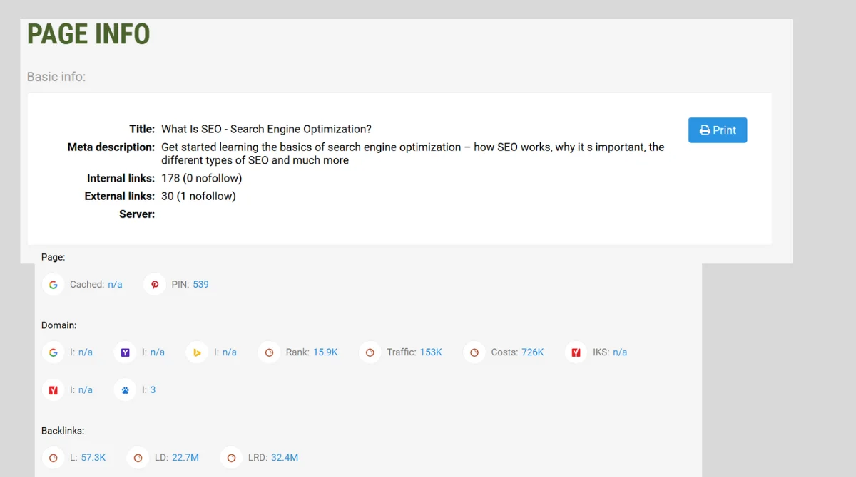 SEO page analysis dashboard metrics