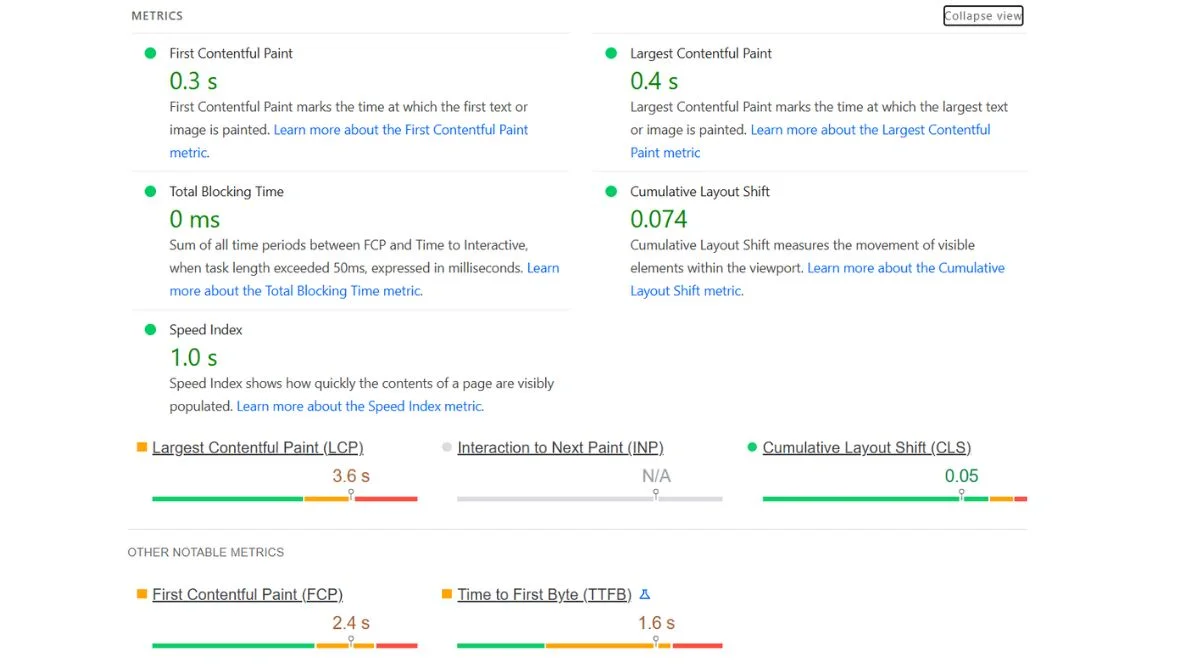 Page speed metrics dashboard