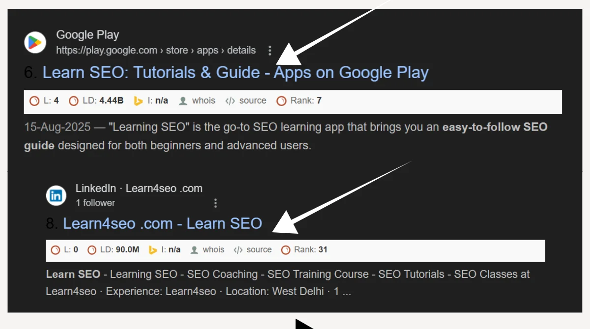 SEO toolbar showing website metrics