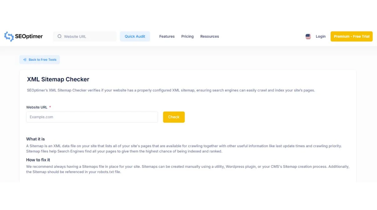SEOptimer XML sitemap checker tool
