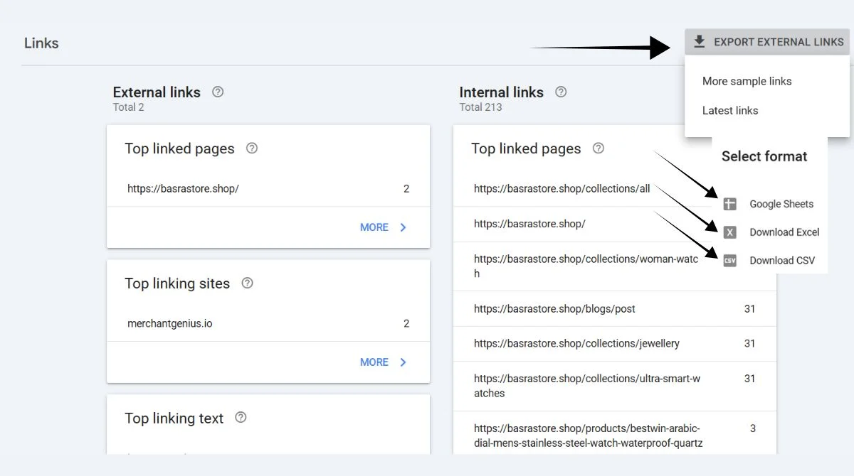 Search Console external links export