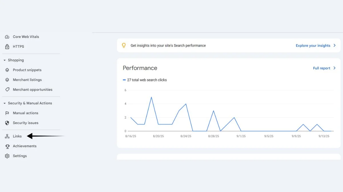 Search Console links navigation