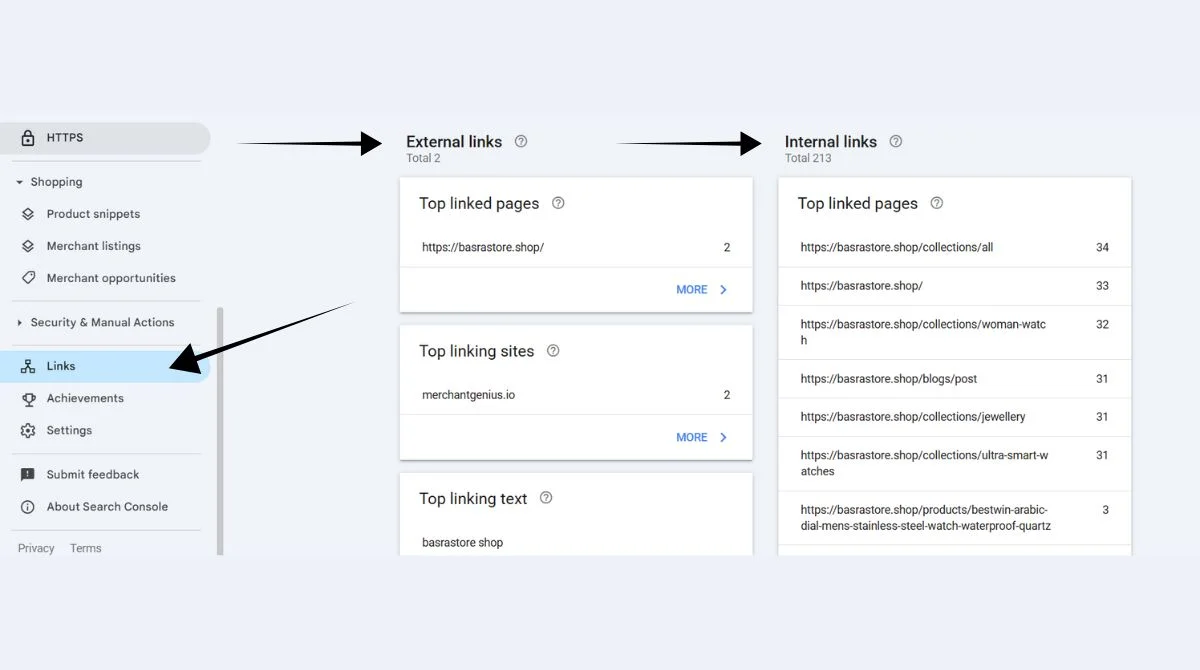 Search Console links report