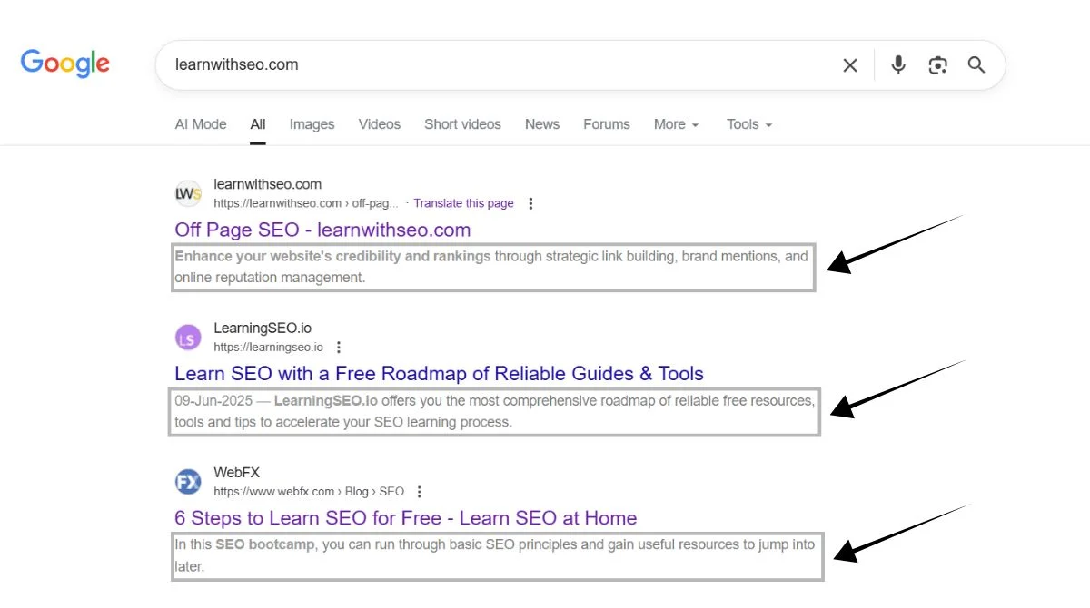 Search results with meta descriptions