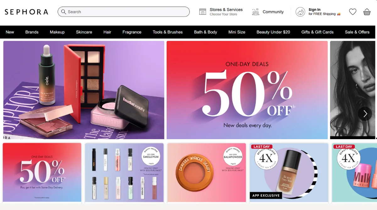Sephora website homepage with promotions
