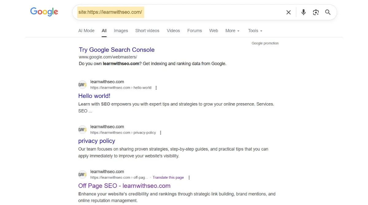 Site search operator results