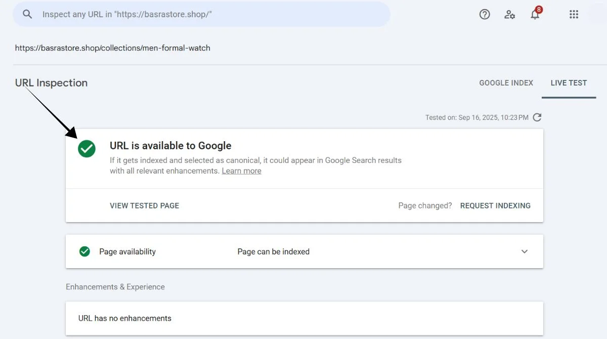 URL inspection tool results