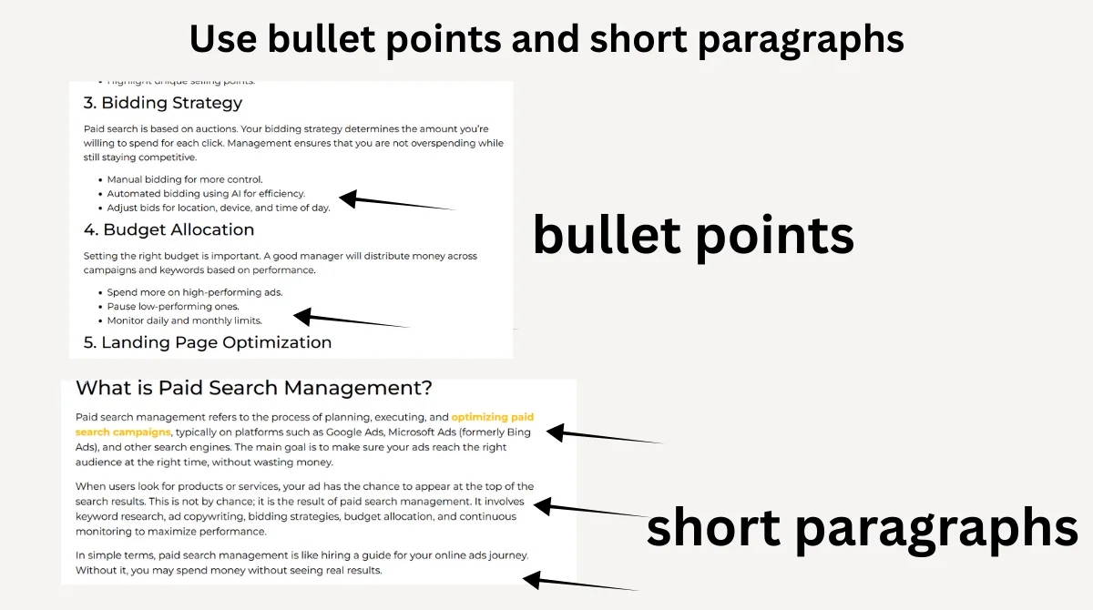 Guide showing bullet points and short text