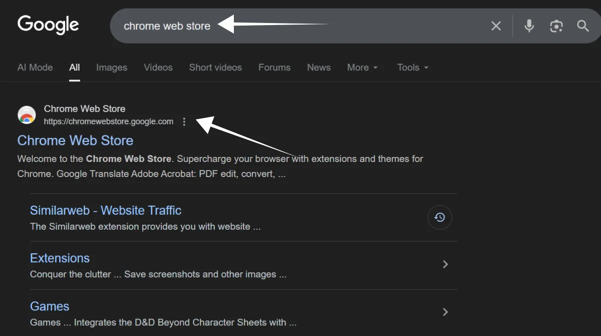 Search result for Chrome Web Store