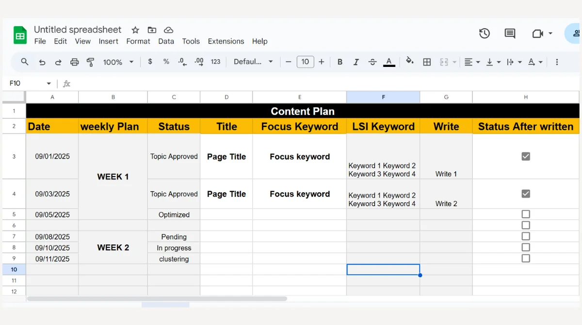 Google Sheet for content planning