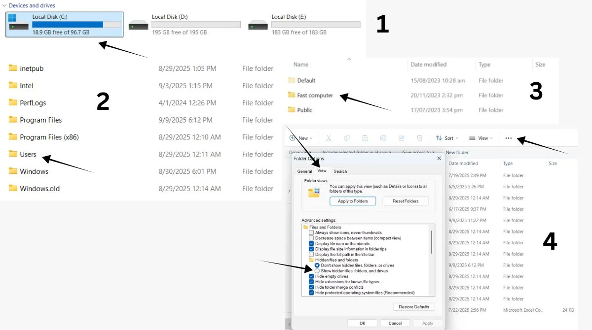 Windows C drive with Users folder & view settings