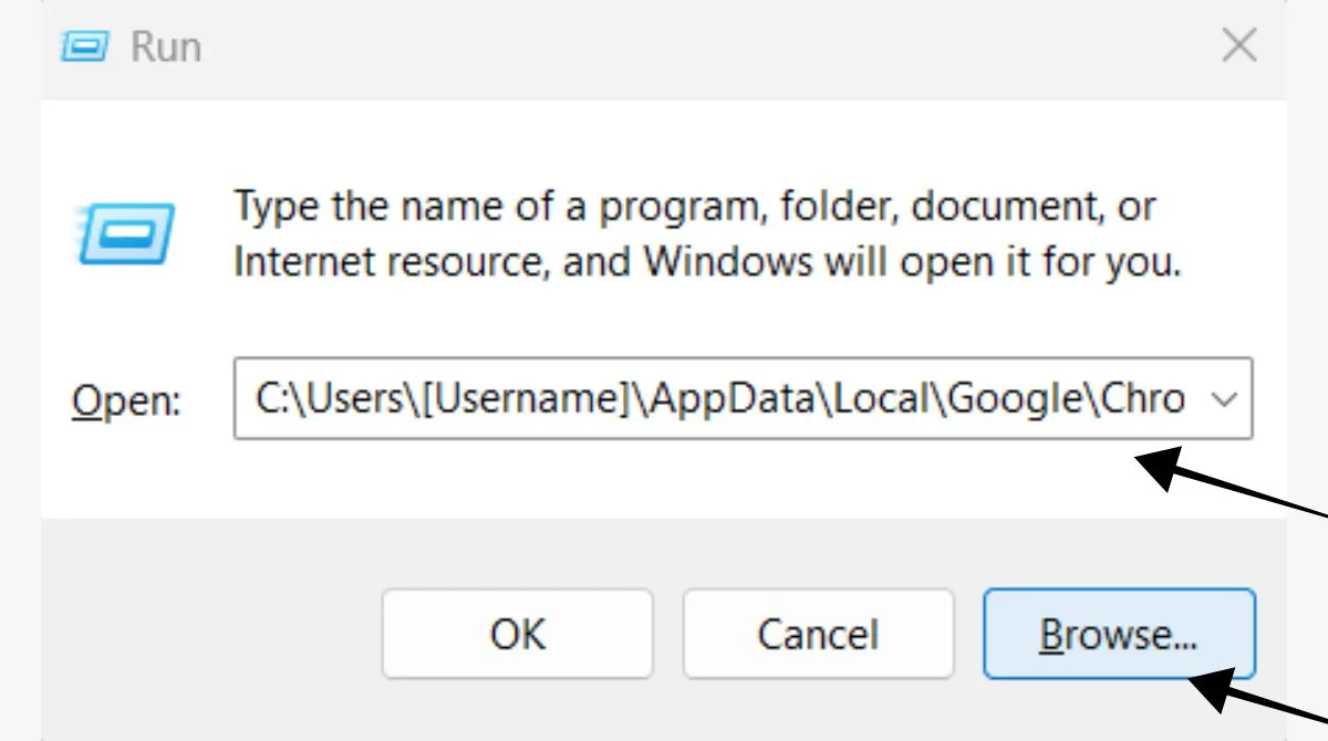 Windows Run dialog showing Chrome folder path