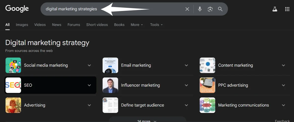 Google search results for digital marketing strategies