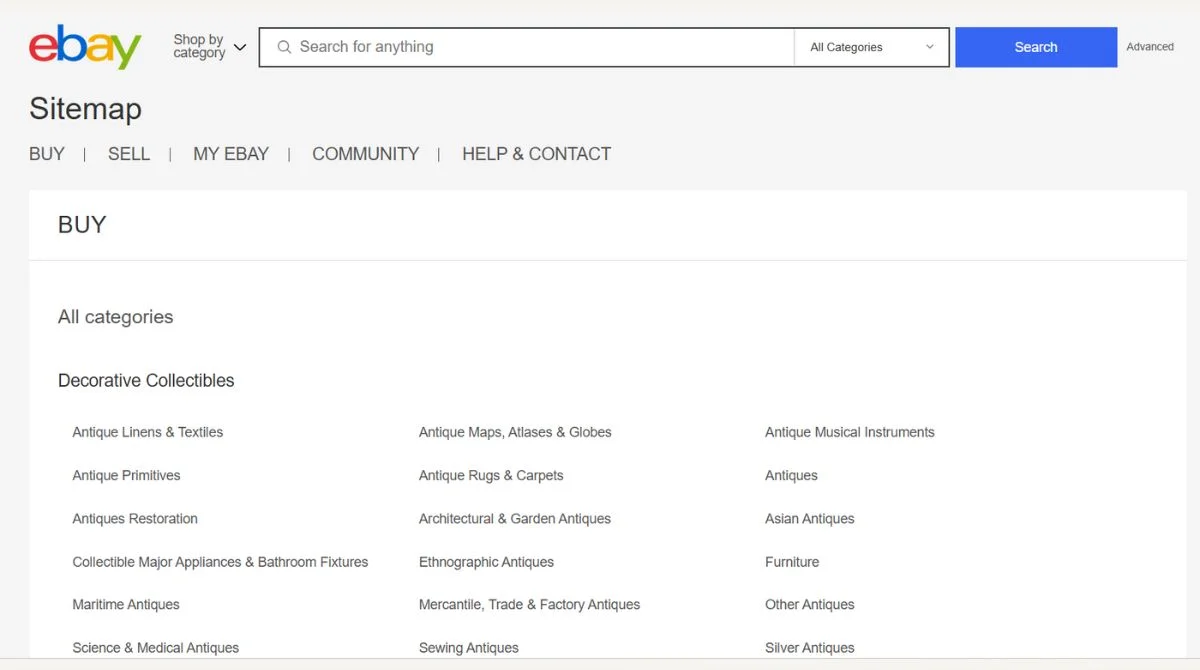 eBay HTML sitemap page
