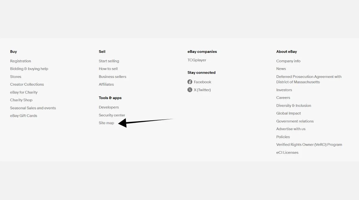 eBay footer sitemap link highlighted
