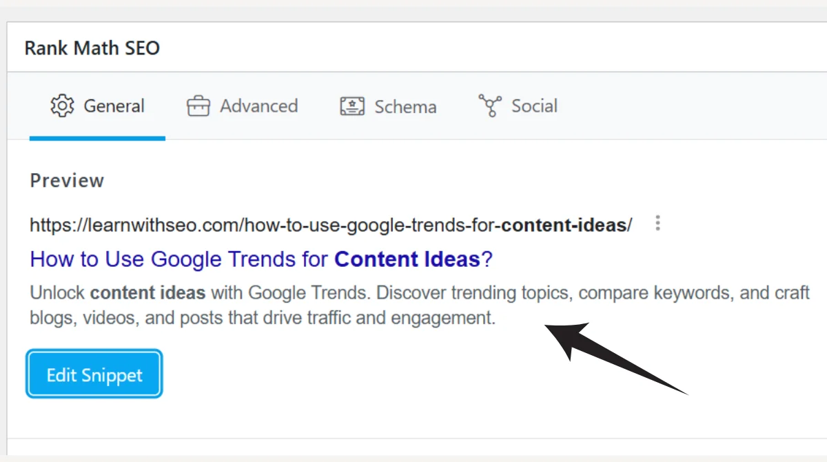 Rank Math SEO snippet preview of result