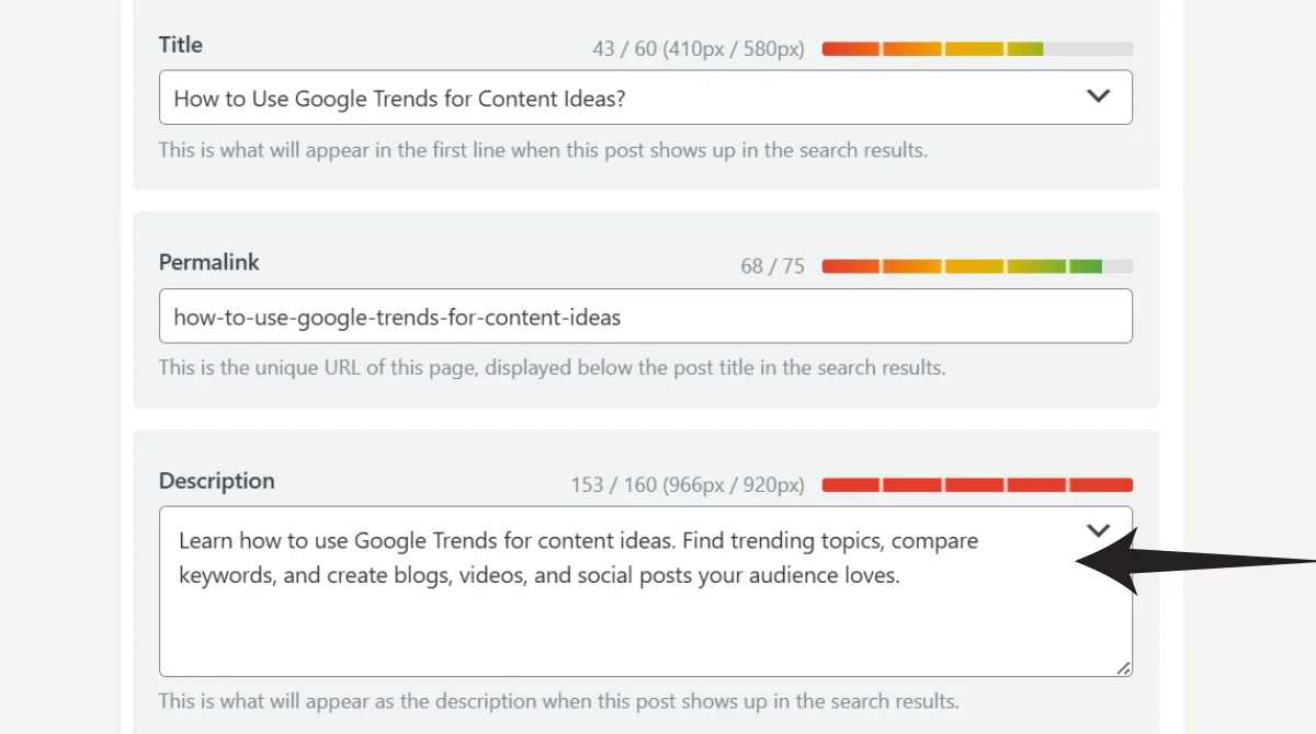 Editing the Rank Math meta description field