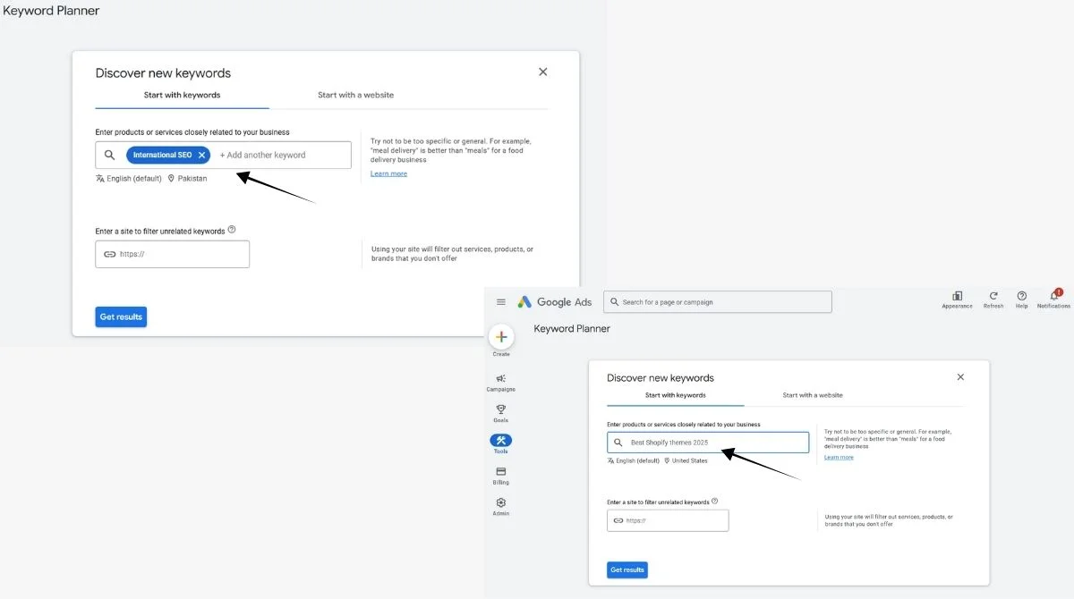 Keyword Planner location settings