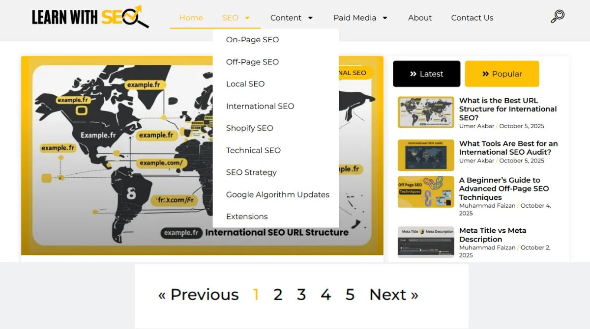 Learn with SEO website navigation