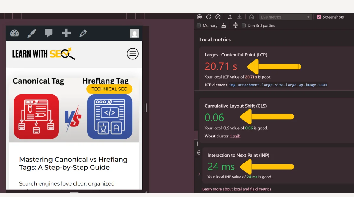 Core Web Vitals report with metrics