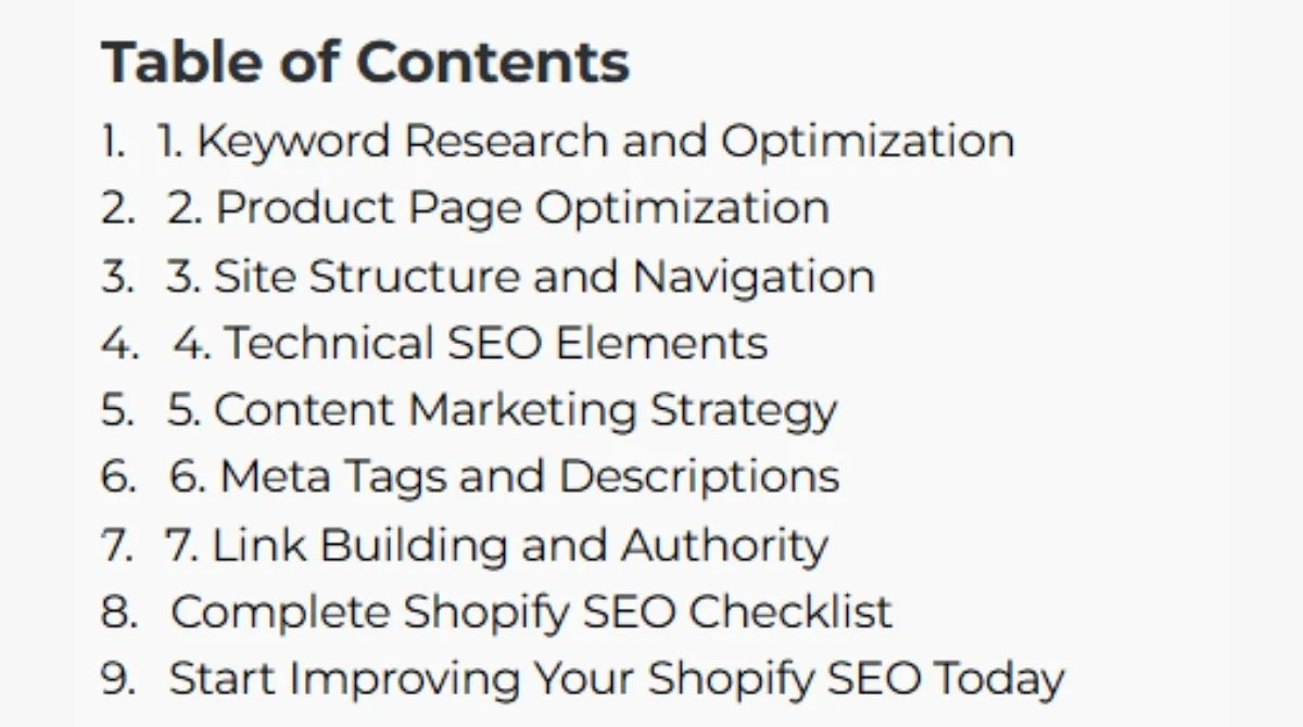 Shopify SEO guide table of contents
