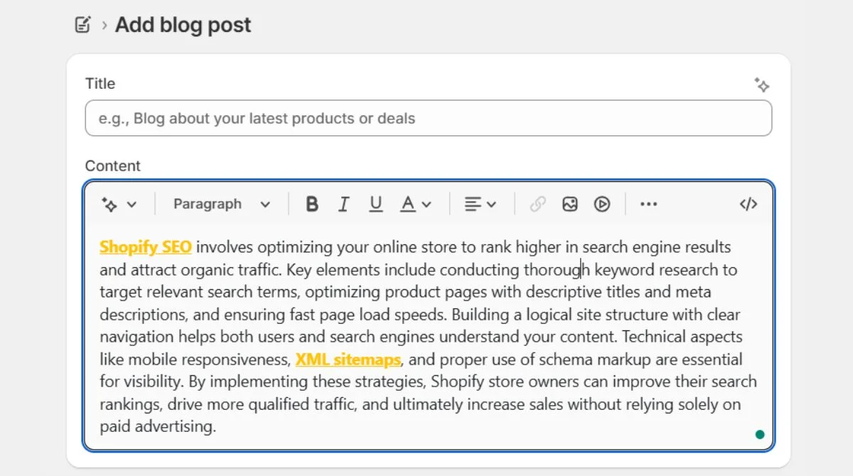 Shopify internal linking editor