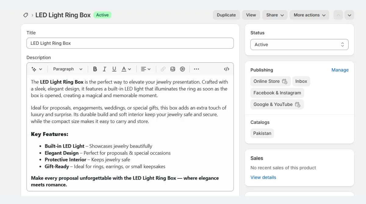 Shopify product description editor